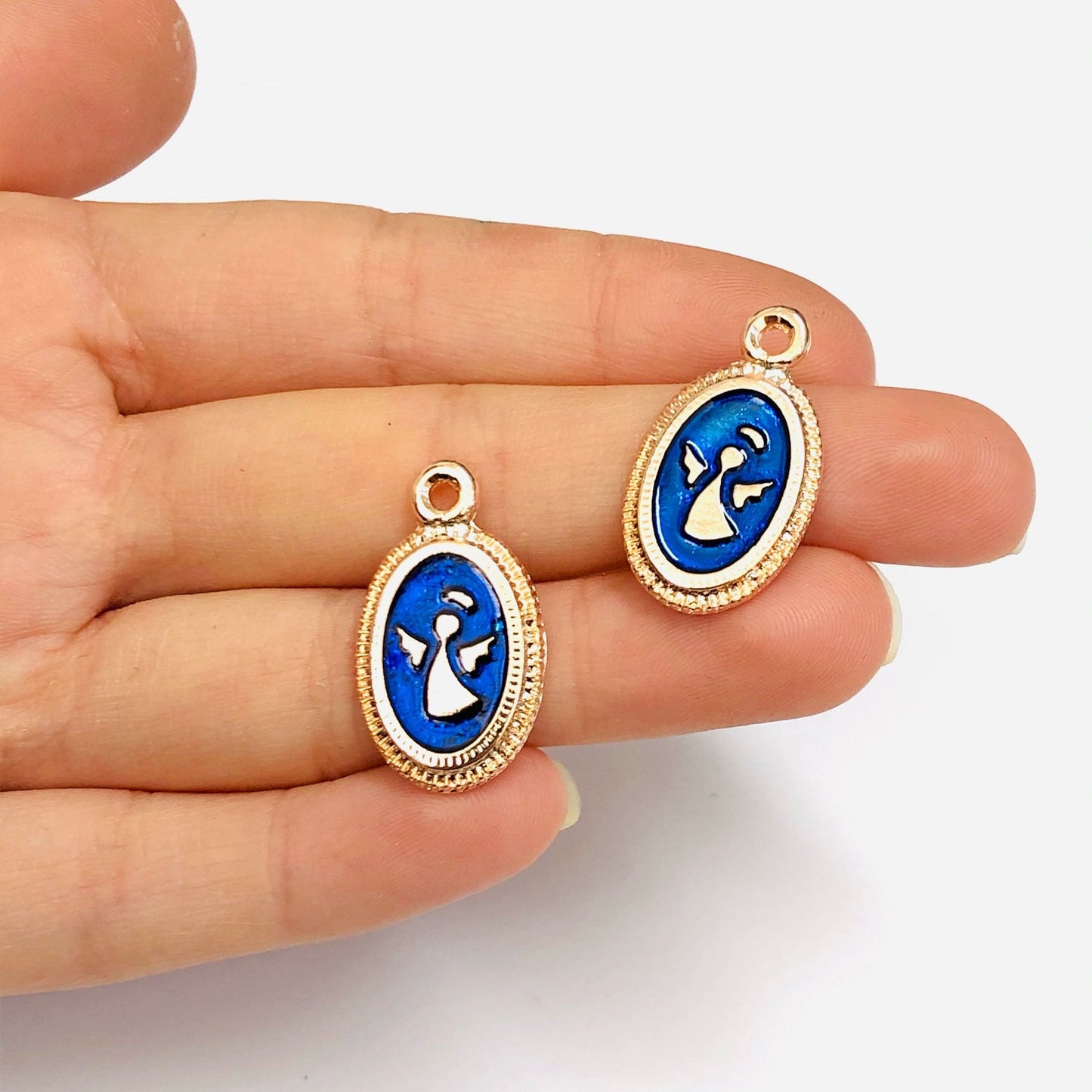 Rose Gold Plated Enamel Angel Figure Pendant - Saxe Blue