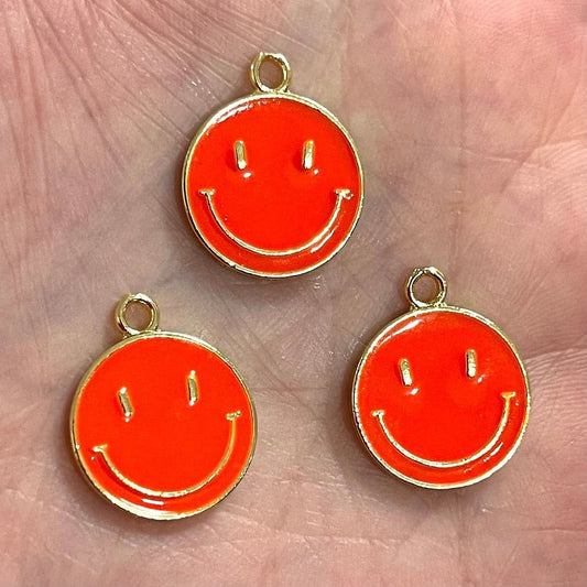 Gold Plated Enamel Smiley Face - Neon Orange