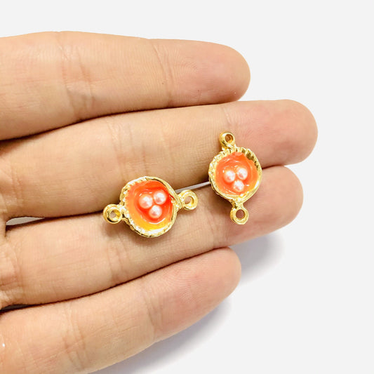 Gold Plated Enamel Pearl Oyster Bracelet Attachment Small - Neon Orange