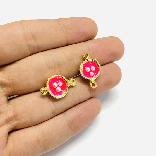 Gold Plated Enamel Pearl Oyster Bracelet Attachment Small Size - Neon Pink