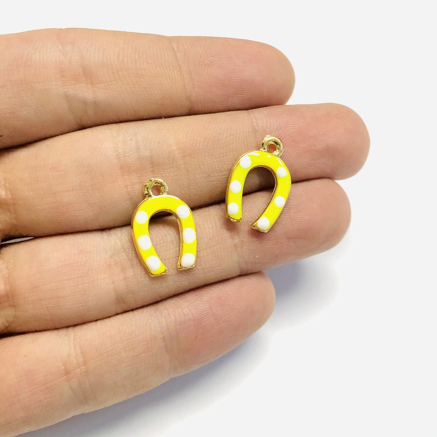Gold Plated Enamel Horseshoe Shaking Attachment - Neon Yellow, White