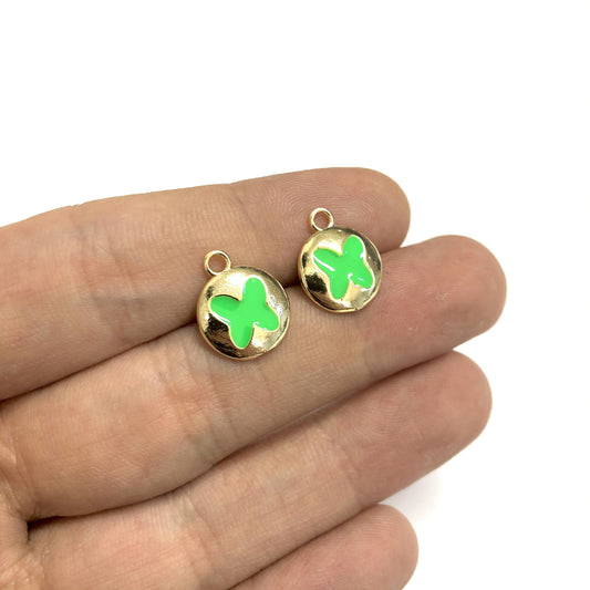 Brass Gold Plated Enamel Butterfly Shaking Attachment - Neon Green