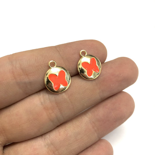 Brass Gold Plated Enamel Butterfly Shaking Attachment - Neon Orange