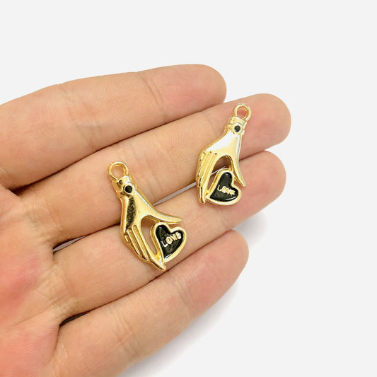 Altın Kaplama Love Yazılı El Figürlü Kalp - Siyah