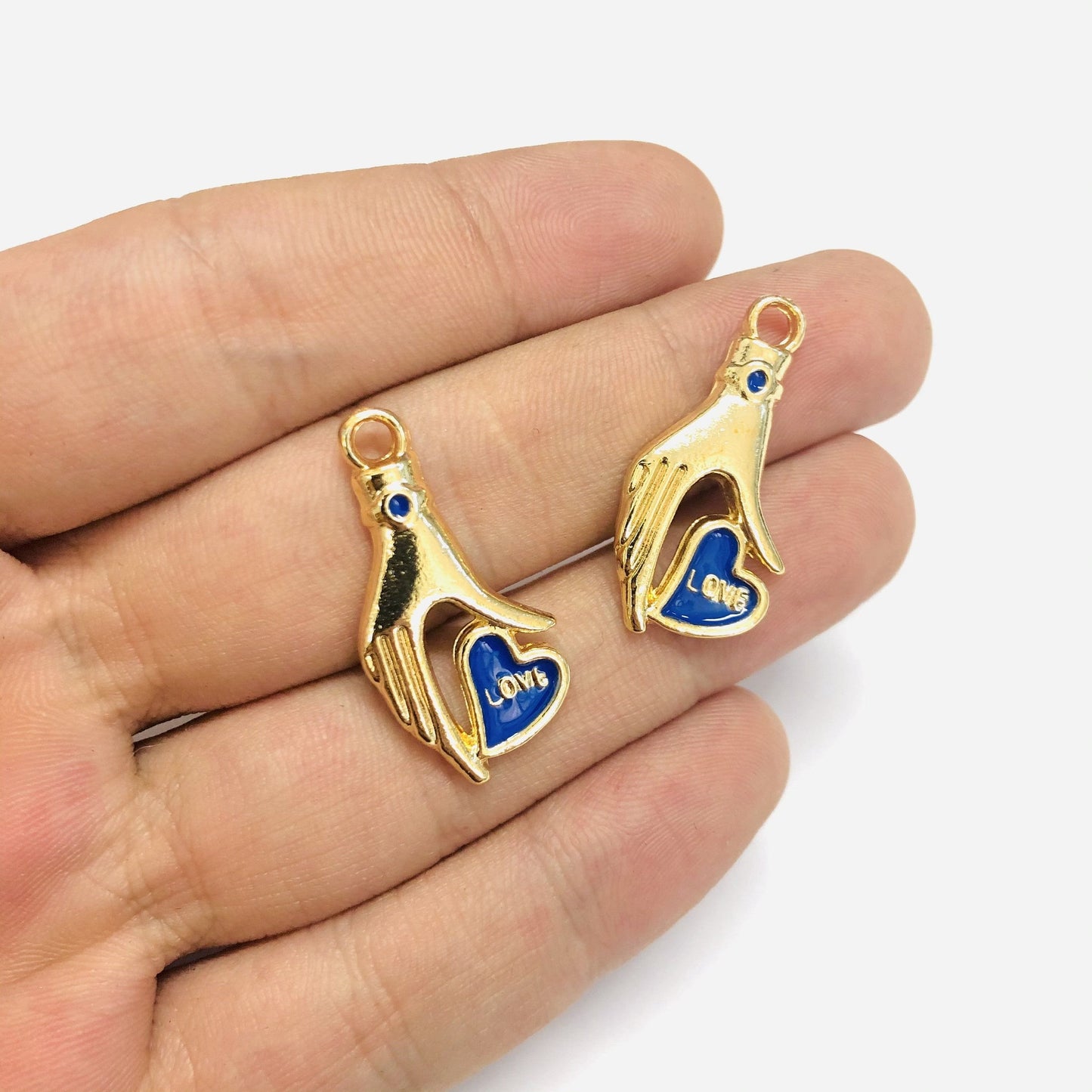 Altın Kaplama Love Yazılı El Figürlü Kalp - Lacivert