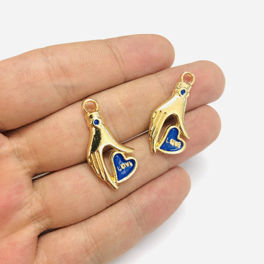 Altın Kaplama Love Yazılı El Figürlü Kalp - Lacivert