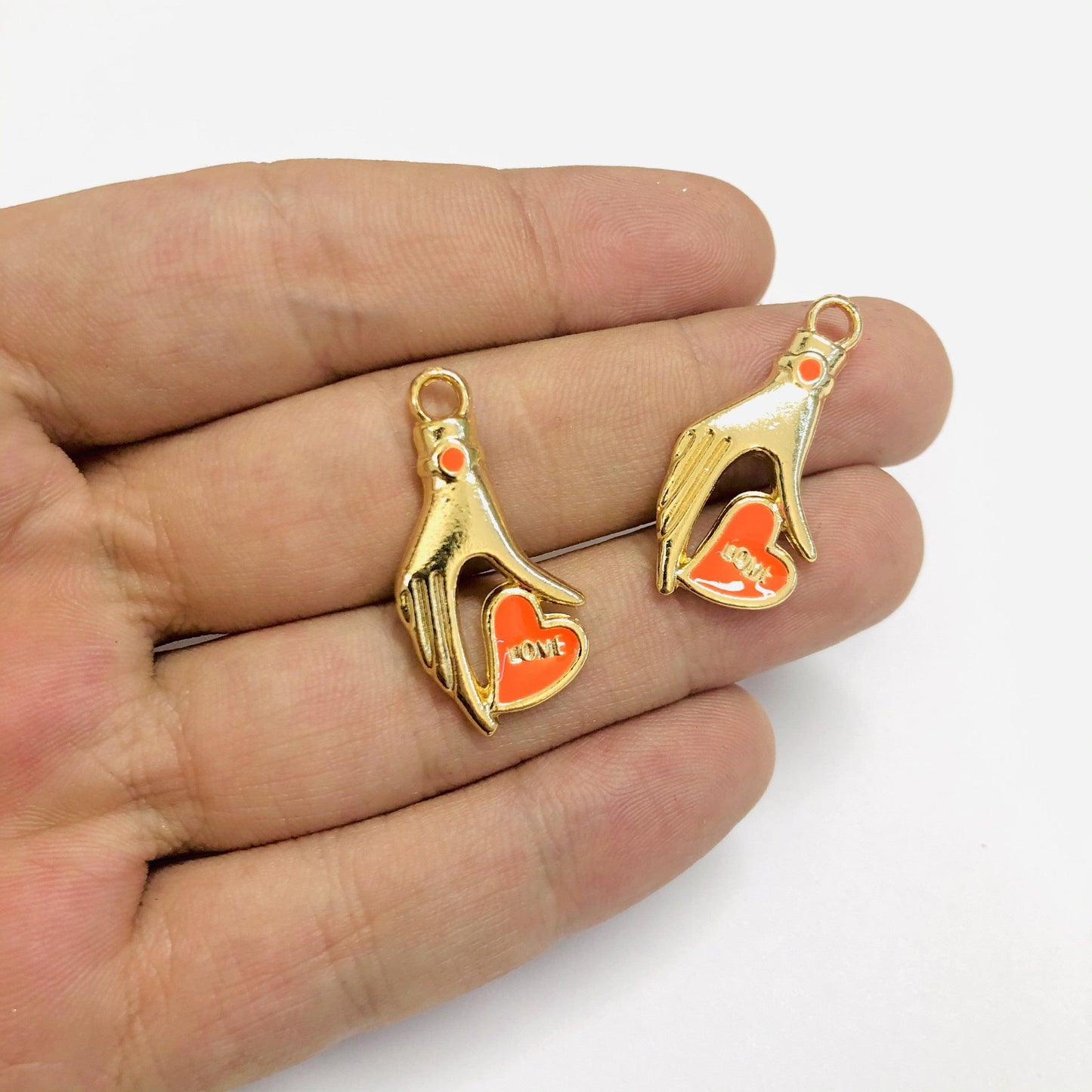 Altın Kaplama Love Yazılı El Figürlü Kalp - Neon Turuncu