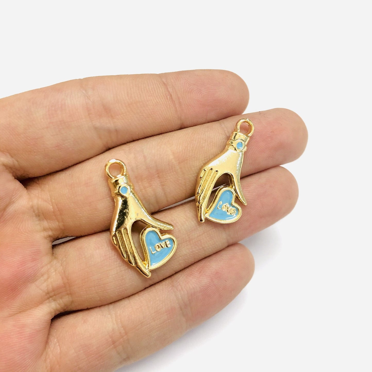 Altın Kaplama Love Yazılı El Figürlü Kalp - Mavi
