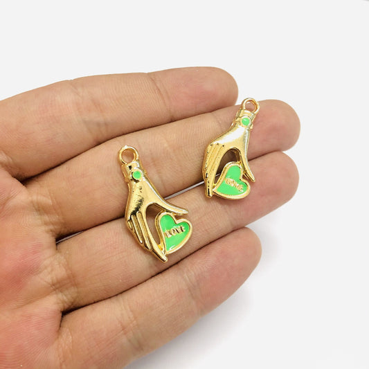 Altın Kaplama Love Yazılı El Figürlü Kalp - Neon Yeşil