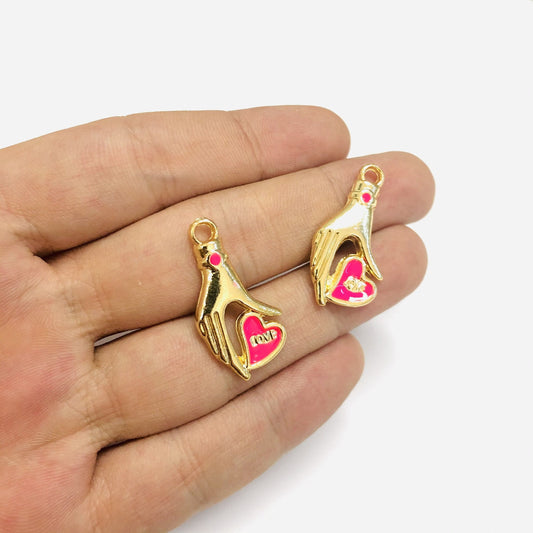 Altın Kaplama Love Yazılı El Figürlü Kalp - Neon Pembe