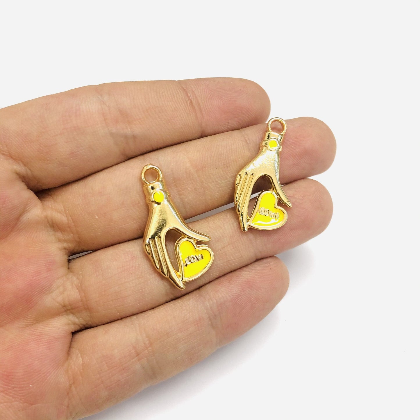 Altın Kaplama Love Yazılı El Figürlü Kalp - Neon Sarı