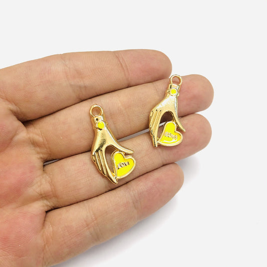 Altın Kaplama Love Yazılı El Figürlü Kalp - Neon Sarı