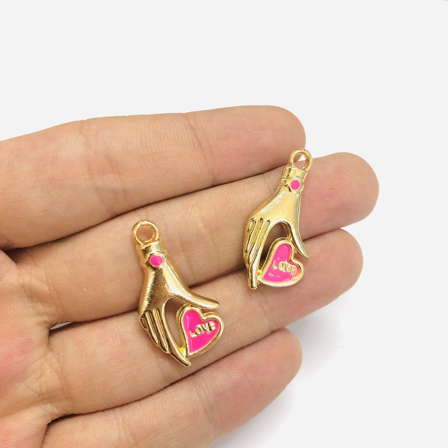 Altın Kaplama Love Yazılı El Figürlü Kalp - Pembe