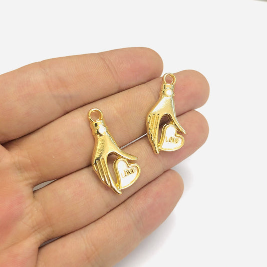 Altın Kaplama Love Yazılı El Figürlü Kalp - Beyaz