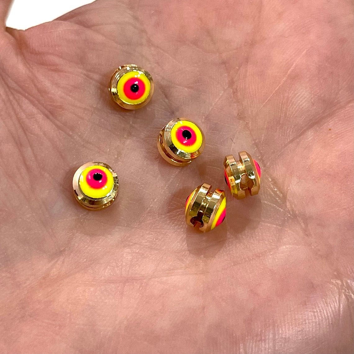 Altın Kaplama Kanallı Nazar Boncuk - Neon Sarı