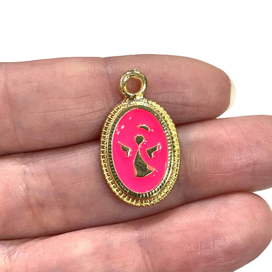 Altın Kaplama Mineli Melek Figürlü Kolye Ucu - Neon Pembe