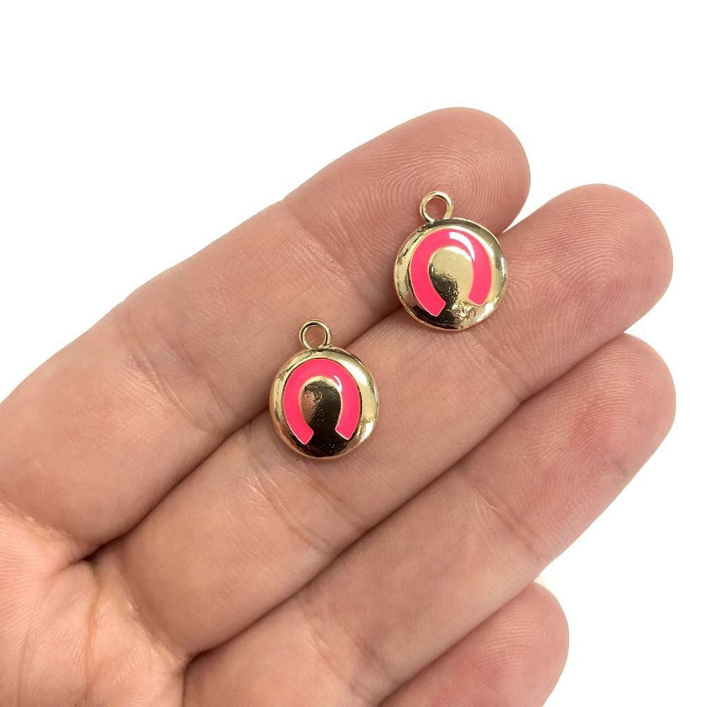 Pirinç Altın Kaplama Mineli Nal Sallantı Aparatı - Neon Pembe