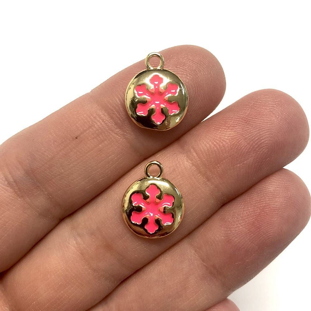 Pirinç Altın Kaplama Mineli Kar Tanesi Sallantı Aparatı - Neon Pembe