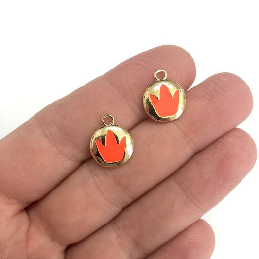 Brass Gold Plated Enameled King's Crown Hanging Attachment Neon Orange
