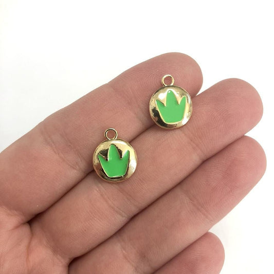 Brass Gold Plated Enameled King's Crown Hanging Attachment Neon Green