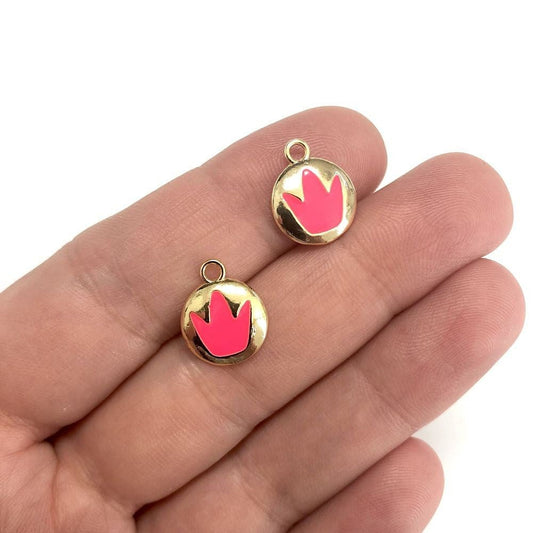 Brass Gold Plated Enameled King's Crown Hanging Attachment Neon Pink