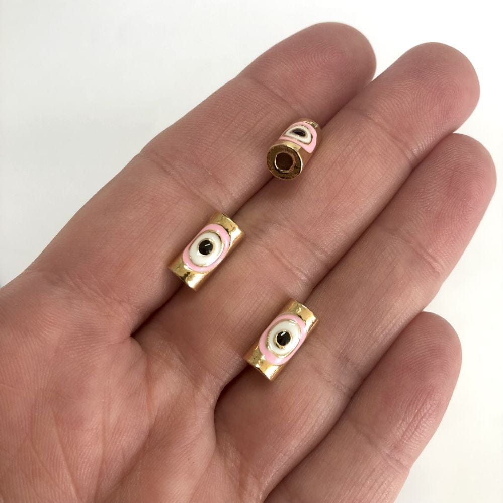 Altın Kaplama Mineli Silindir Nazar Boncuk- Pembe