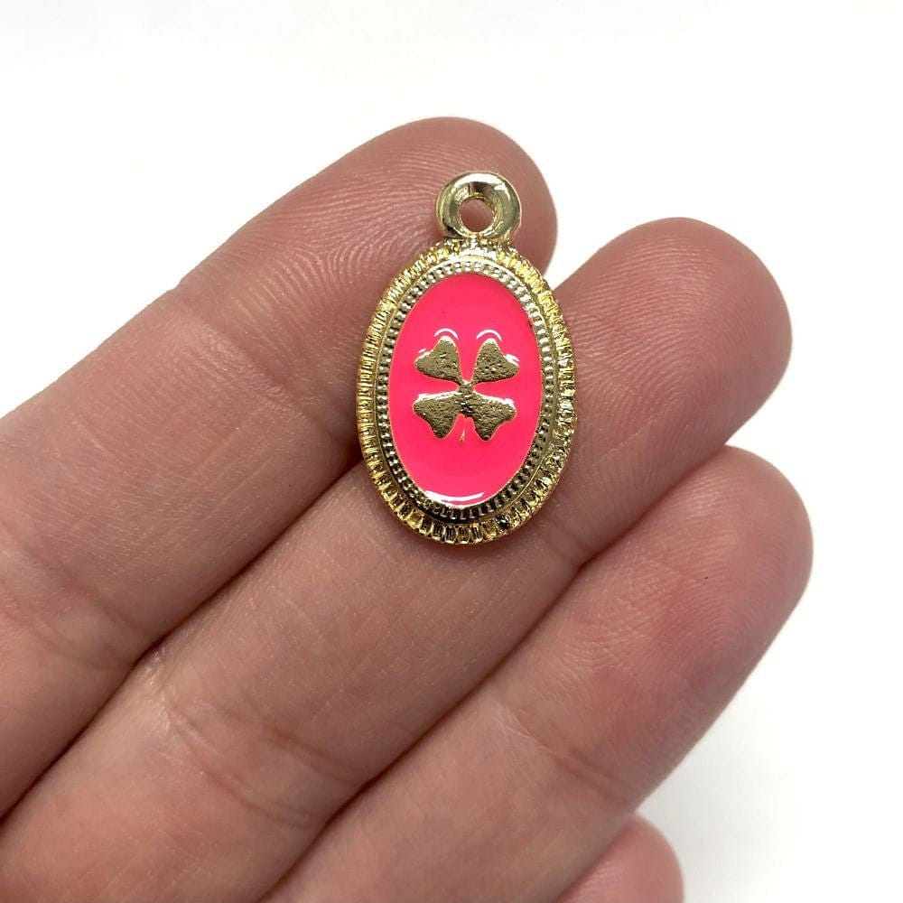 Altın Kaplama Mineli Yonca Figürlü Kolye Ucu - Neon Pembe