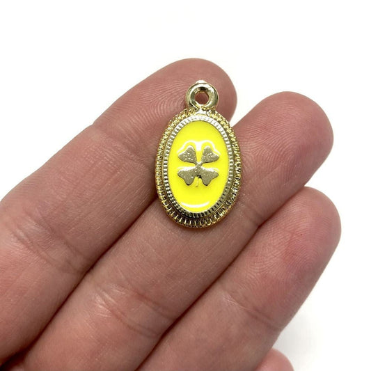 Altın Kaplama Mineli Yonca Figürlü Kolye Ucu - Neon Sarı