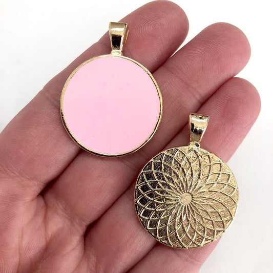 Altın Kaplama Mineli Madalyon Kolye Ucu-Pembe