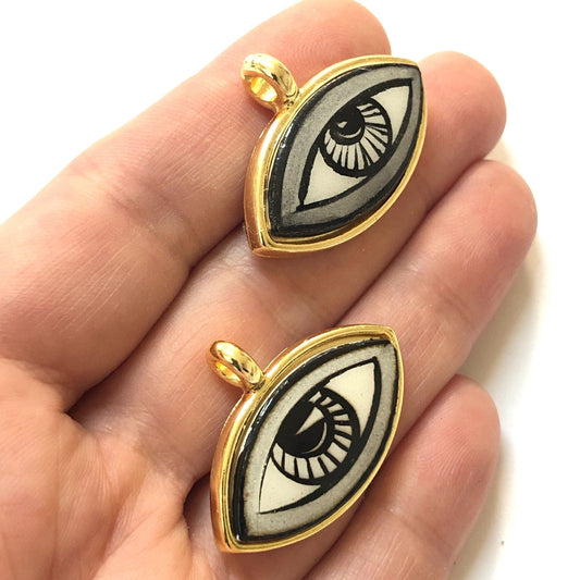 Large Gold Plated Framed Hand Painted Ceramic Eye Pendant-018