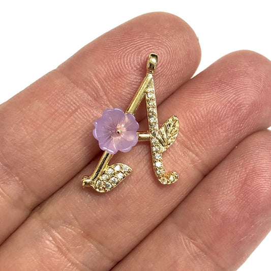 Gold Plated Zircon Stone Pearl Flower Letter Pendant - Lilac Mother of Pearl