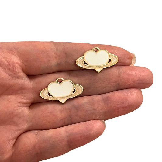 Gold Plated Enamel Saturn Heart - White