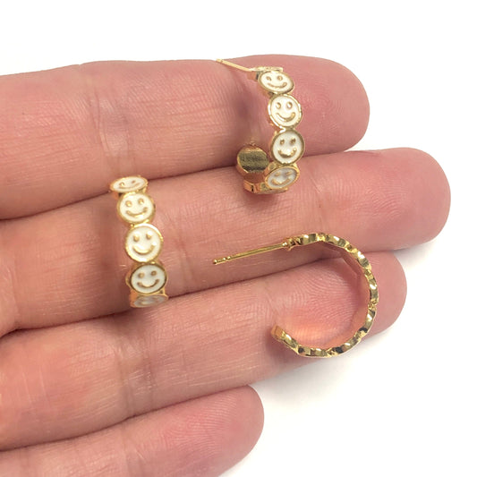 Gold Plated Enamel Smiling Face Earrings - White