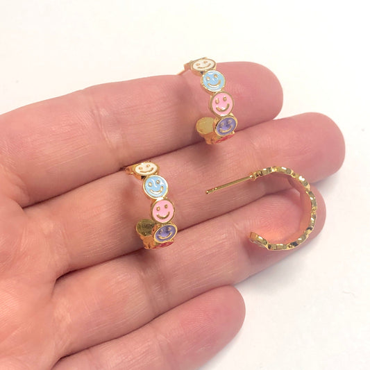 Gold Plated Enamel Smiling Face Earrings - Mixed Color