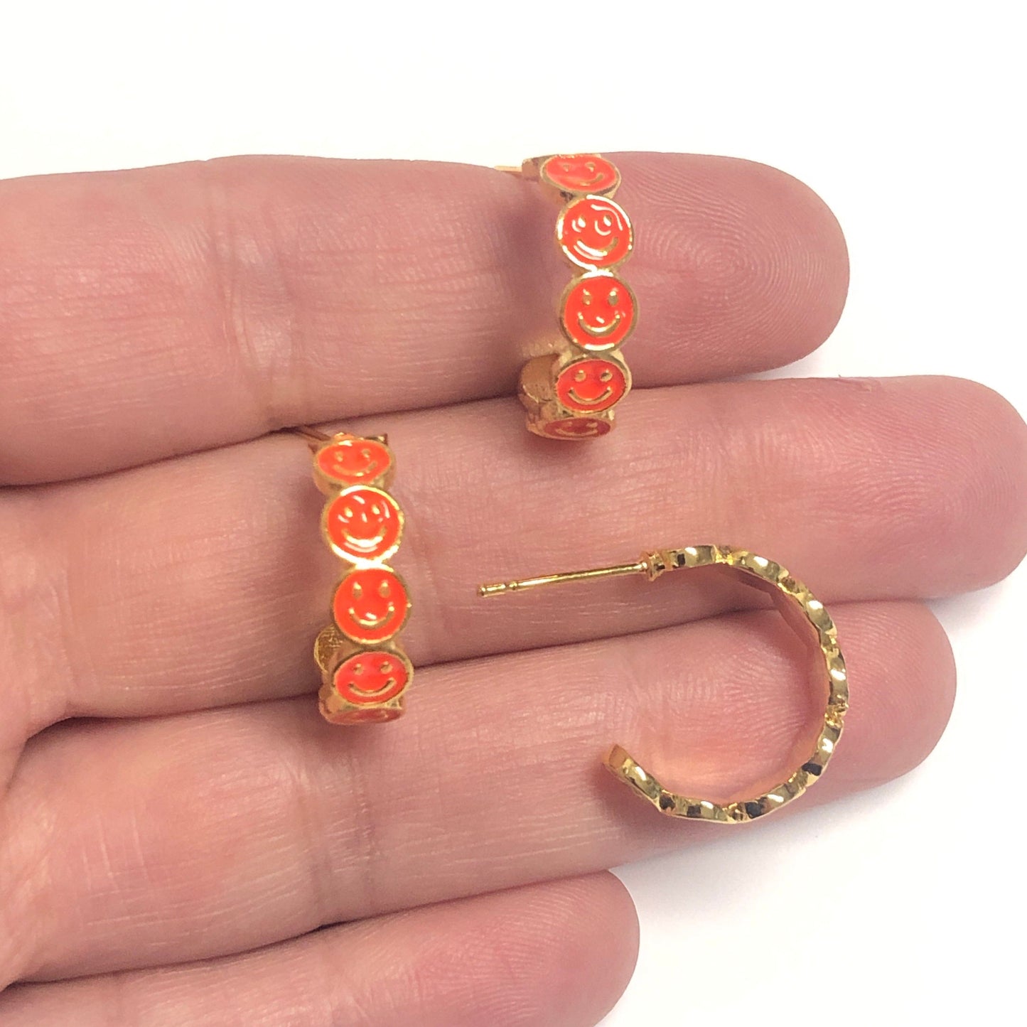 Gold Plated Enamel Smiling Face Earrings - Neon Orange