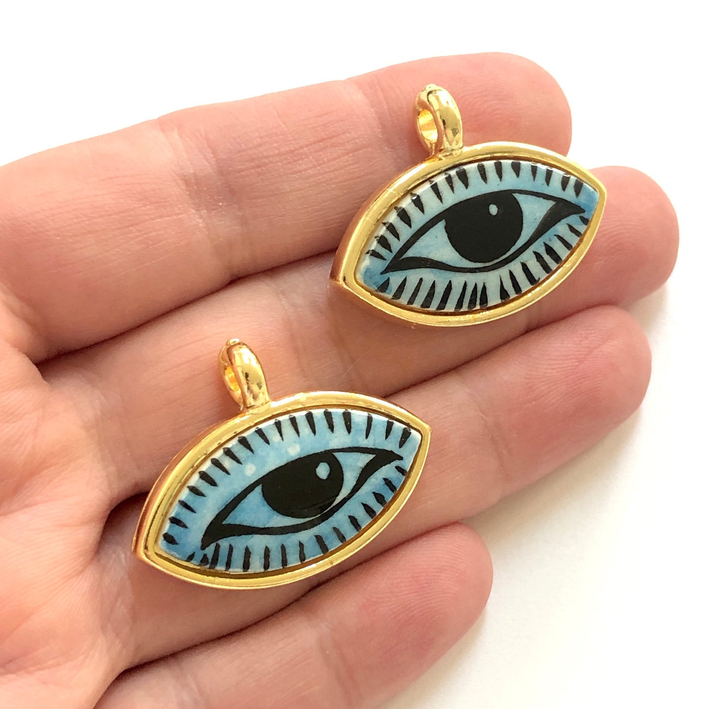 Large Gold Plated Framed Hand Painted Ceramic Eye Pendant-032