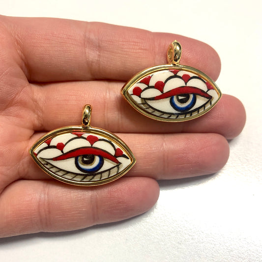 Large Gold Plated Framed Hand Painted Ceramic Eye Pendant-013