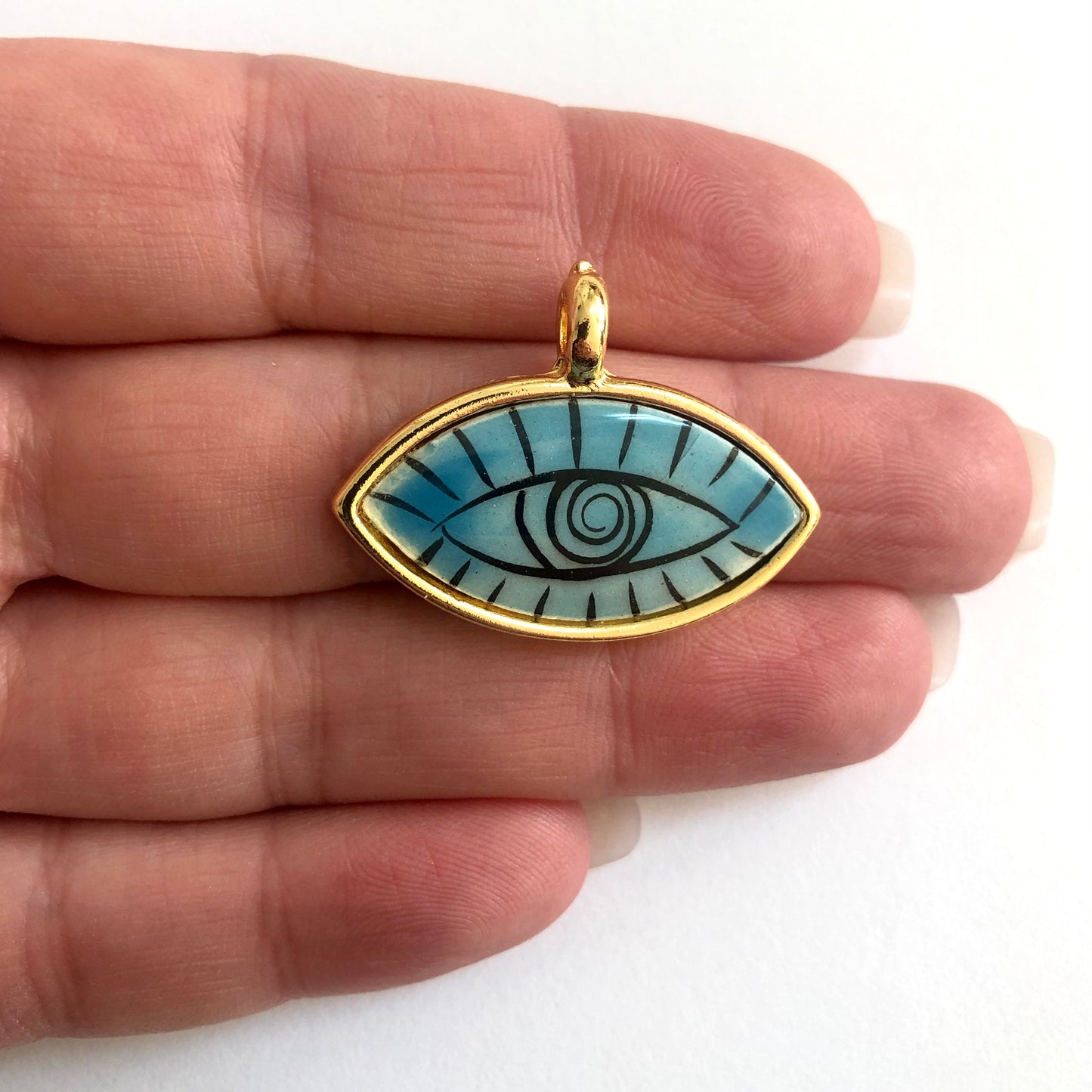 Gold Plated Framed Hand Painted Ceramic Eye Pendant-5