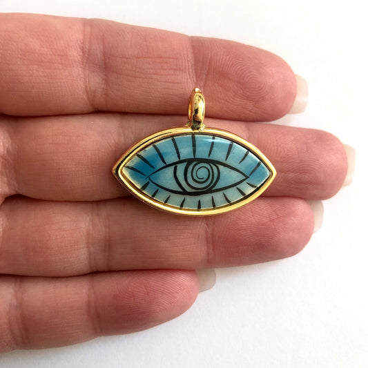 Gold Plated Framed Hand Painted Ceramic Eye Pendant-5