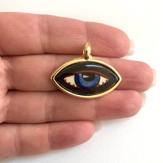 Gold Plated Framed Hand Painted Ceramic Eye Pendant-5