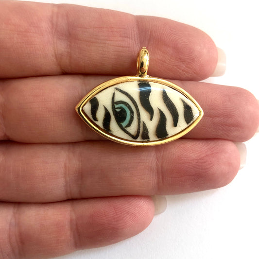 Gold Plated Framed Hand Painted Ceramic Eye Pendant-5