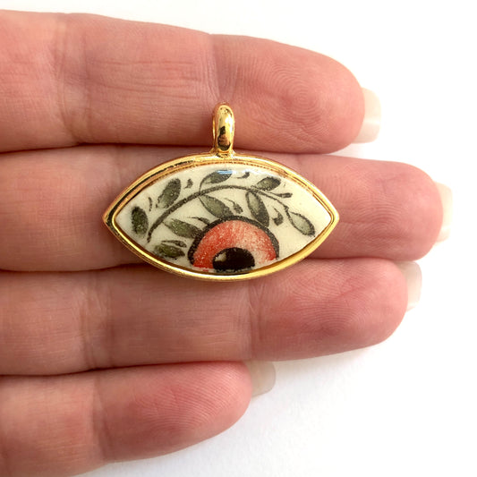 Gold Plated Framed Hand Painted Ceramic Eye Pendant-5