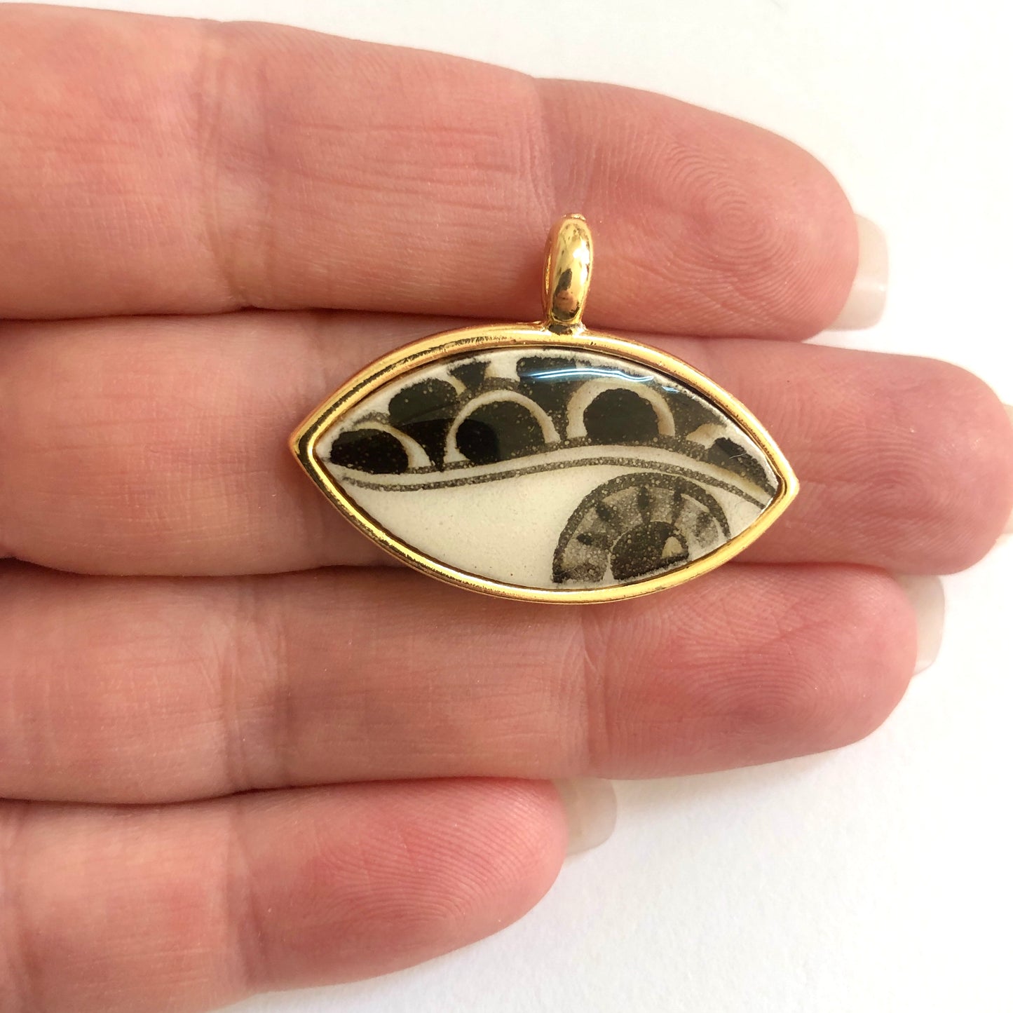 Gold Plated Framed Hand Painted Ceramic Eye Pendant-5