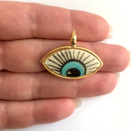 Gold Plated Framed Hand Painted Ceramic Eye Pendant-5