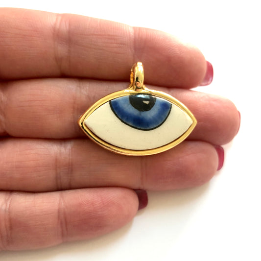 Gold Plated Framed Hand Painted Ceramic Eye Pendant-5