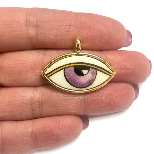 Gold Plated Framed Hand Painted Ceramic Eye Pendant-5