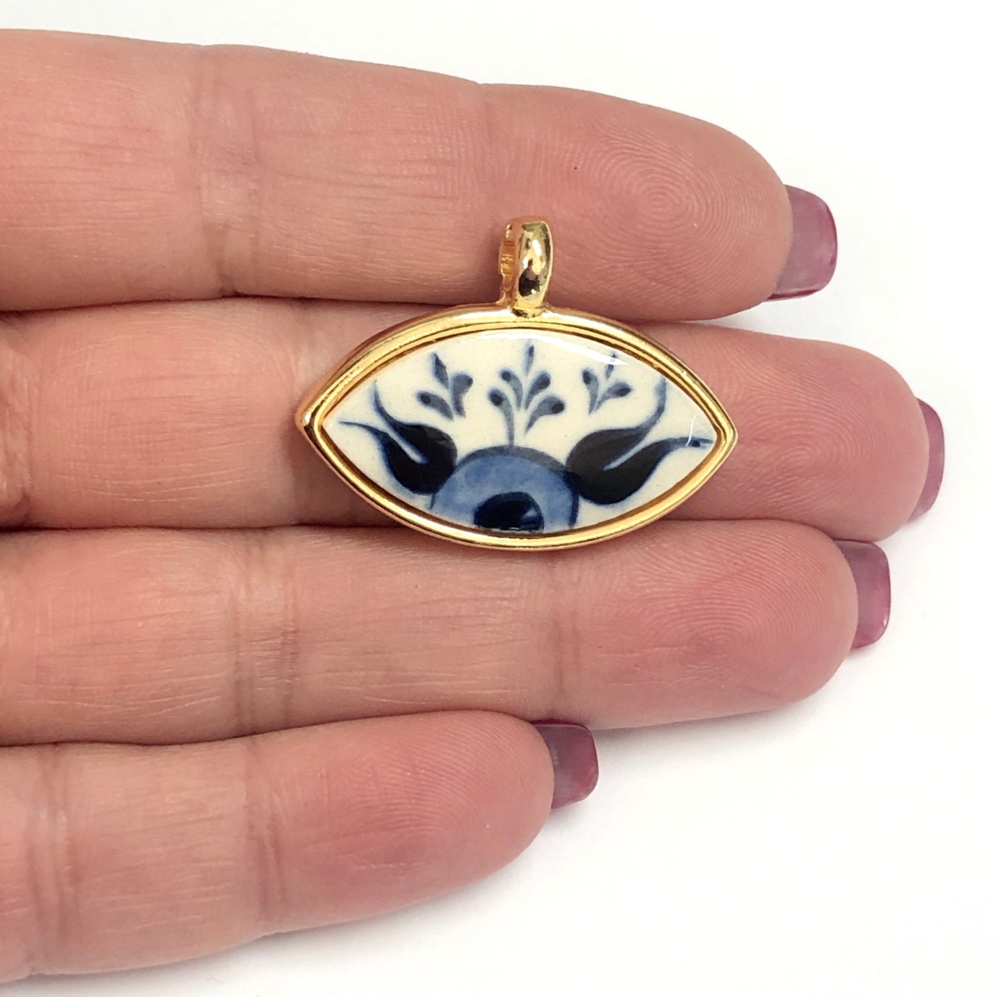 Gold Plated Framed Hand Painted Ceramic Eye Pendant-5