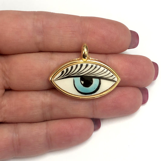 Gold Plated Framed Hand Painted Ceramic Eye Pendant-5