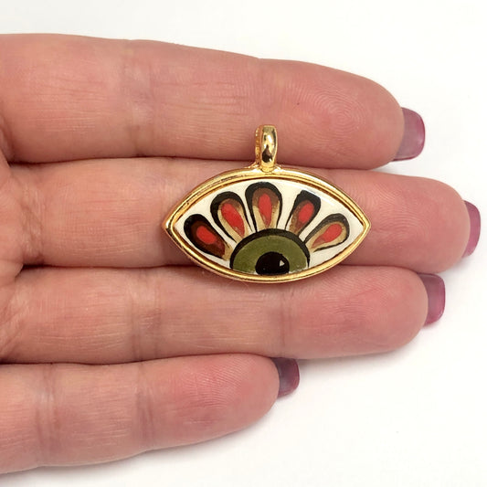 Gold Plated Framed Hand Painted Ceramic Eye Pendant-5