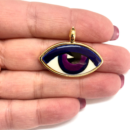 Gold Plated Framed Hand Painted Ceramic Eye Pendant-5